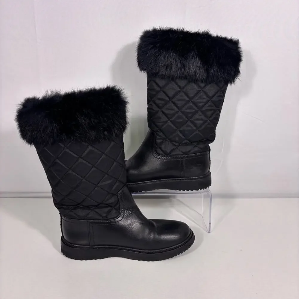 Tory Burch Joey Black Quilted Rabbit Fur-Trim Boots Wool Lining Size 7.5
